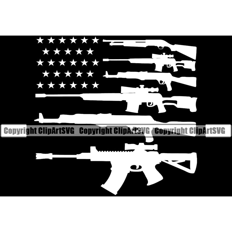 USA Flag Machine Gun Rifle Stripes Weapon Rights United States America 2nd Amendment Gun Collection Design Element Black Background American Military Army Art Design Logo Clipart SVG