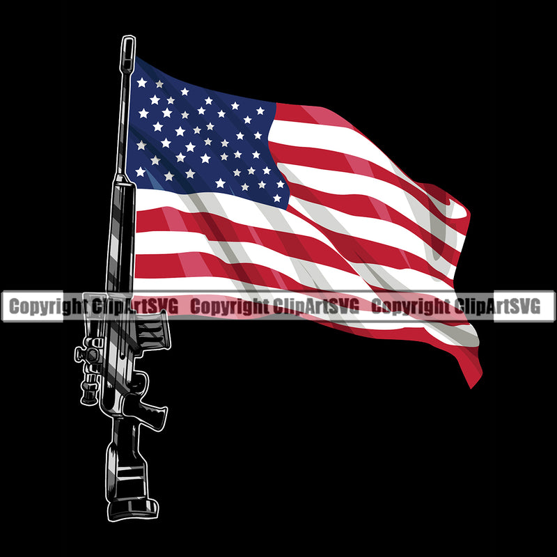 USA Flag Gun Weapon Rights United States America 2nd Amendment Soldier Flag Machine Gun Flag Pole Color Design Element Black Background American Military Army Art Design Logo Clipart SVG