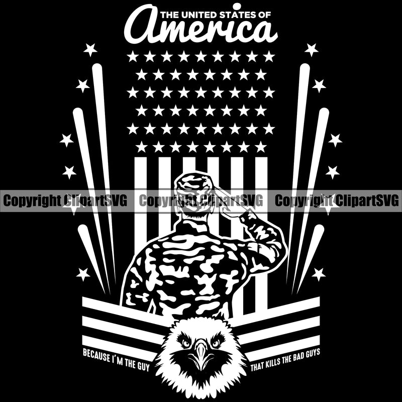 Soldier Salute Saluting USA Flag Gun Weapon Rights United States America 2nd Amendment American Silhouette Eagle Black Color Design Element Military Army Art Design Logo Clipart SVG