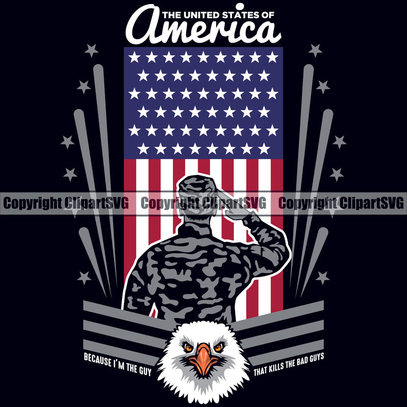 Soldier Salute Saluting USA Flag Gun Weapon Rights United States America 2nd Amendment American Silhouette Eagle Army Color Design Element Black Background Military Army Art Design Logo Clipart SVG