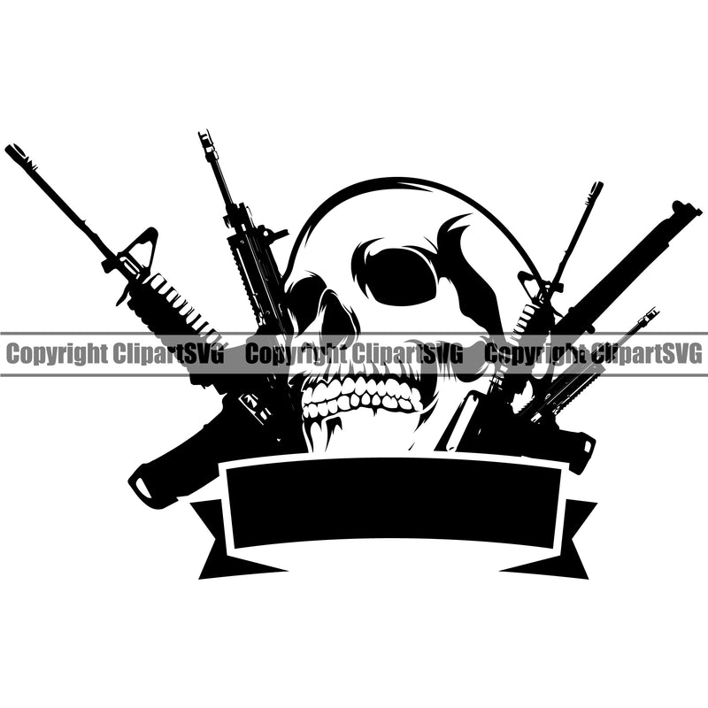 Military Army Gun Weapon Soldier Gun Skull Ribbon Black White Color Design Element Rights 2nd Amendment USA America American Art Design Logo Clipart SVG