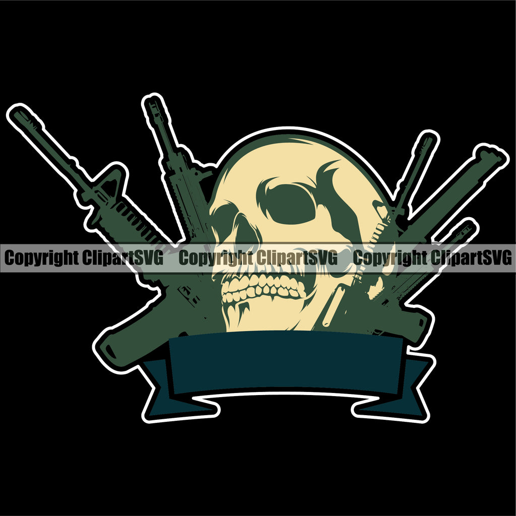 Military Army Gun Weapon Soldier Gun Skull Ribbon Black Background Color Design Element Rights 2nd Amendment USA America American Art Design Logo Clipart SVG