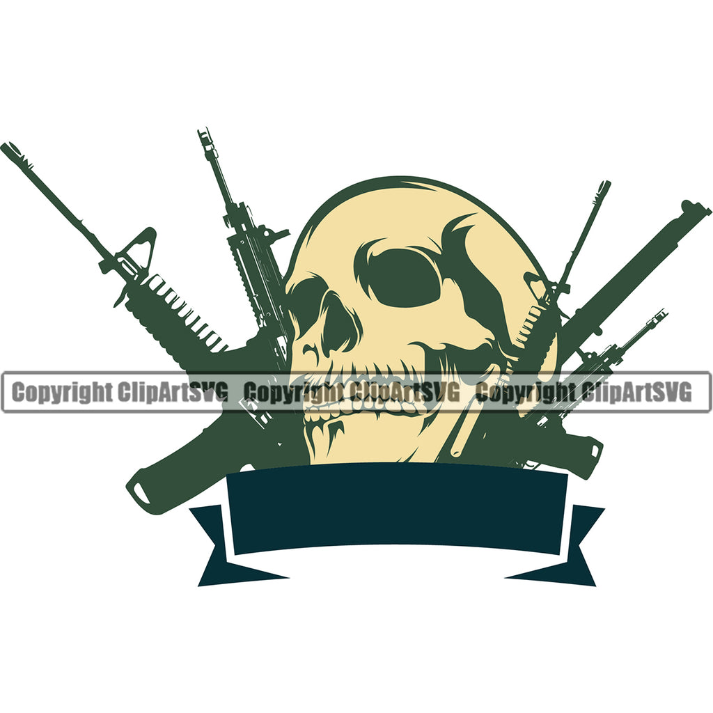 Military Army Gun Weapon Soldier Gun Skull Ribbon White Background And Skull Color Design Element Rights 2nd Amendment USA America American Art Design Logo Clipart SVG
