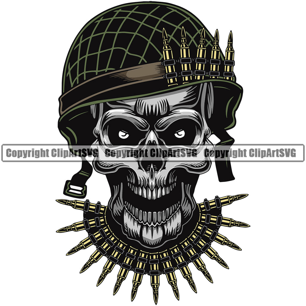 Military Army Gun Weapon Soldiers Skull Skeleton Helmet Bullet Chain Wearing Design Element Rights 2nd Amendment USA America American Art Design Logo Clipart SVG
