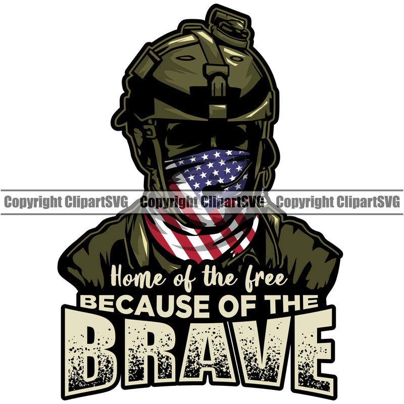 Solider Wearing USA Flag Bandanna Scarf Gun Weapon Rights Silhouette Face Flag Mask United States America 2nd Amendment Home Of The Free Because Of The Brave Quote Text Design Element White Background American Military Army Art Design Logo Clipart SVG