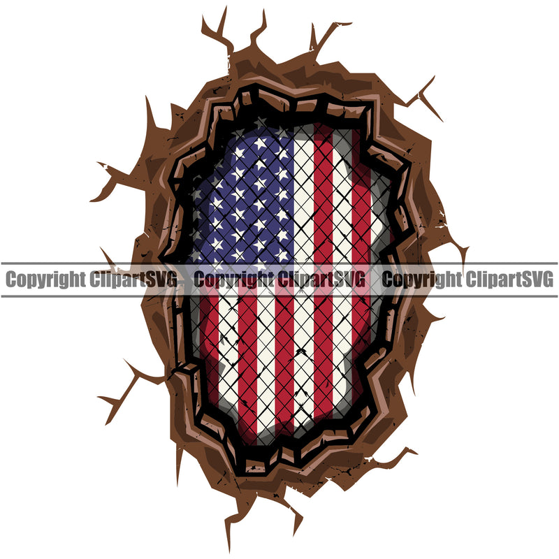 USA Flag Break Breaking Through Crack Cracked Wall Gun Weapon Rights United States America Bullet Hole White Background Design Element 2nd Amendment Solider American Military Army Art Design Logo Clipart SVG