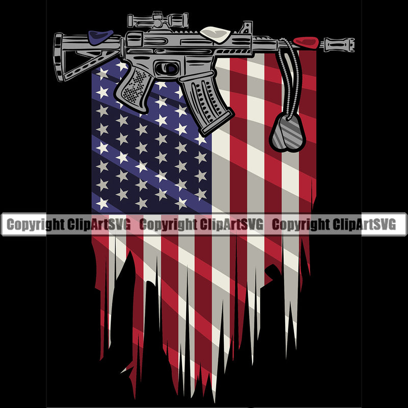 USA Distressed Flag Gun Weapon Rights United States America Color Flag Under Gun Black Background Design Element 2nd Amendment Solider American Military Army Art Design Logo Clipart SVG