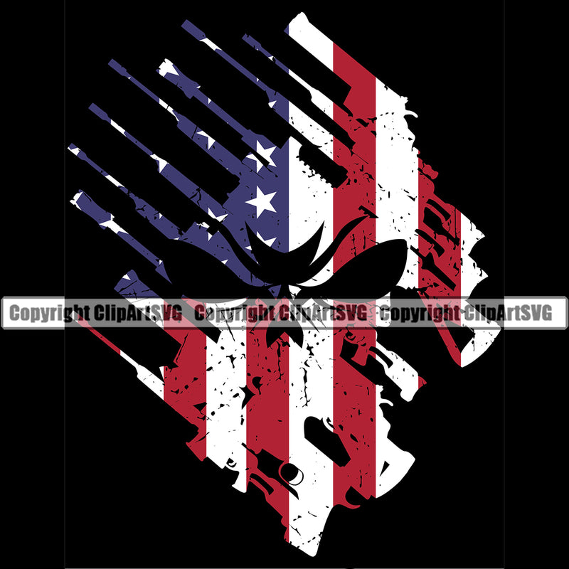USA Flag Rifle Machine Gun Skull Skeleton Weapon Rights United States America Gun Flag Design Element 2nd Amendment Black Color Background Design Element American Military Army Art Design Logo Clipart SVG