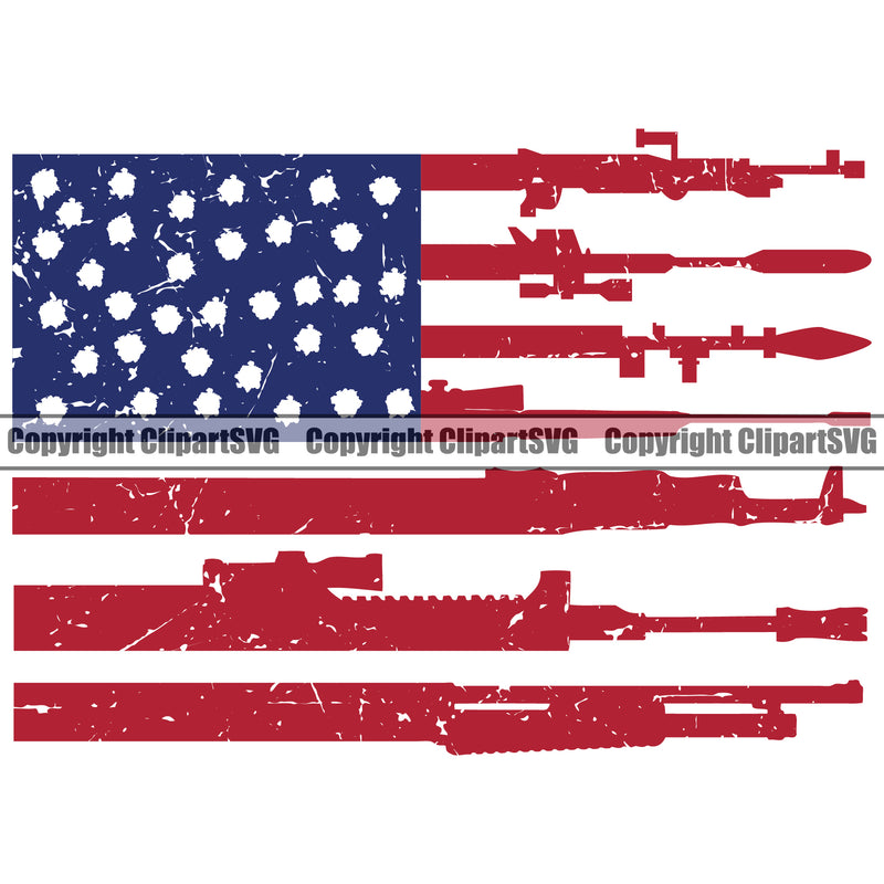 USA Flag Gun Rifle Machine Bazoka Weapon Rights United States America 2nd Amendment Solider American Color Flag Design Element White Background Military Army Art Design Logo Clipart SVG