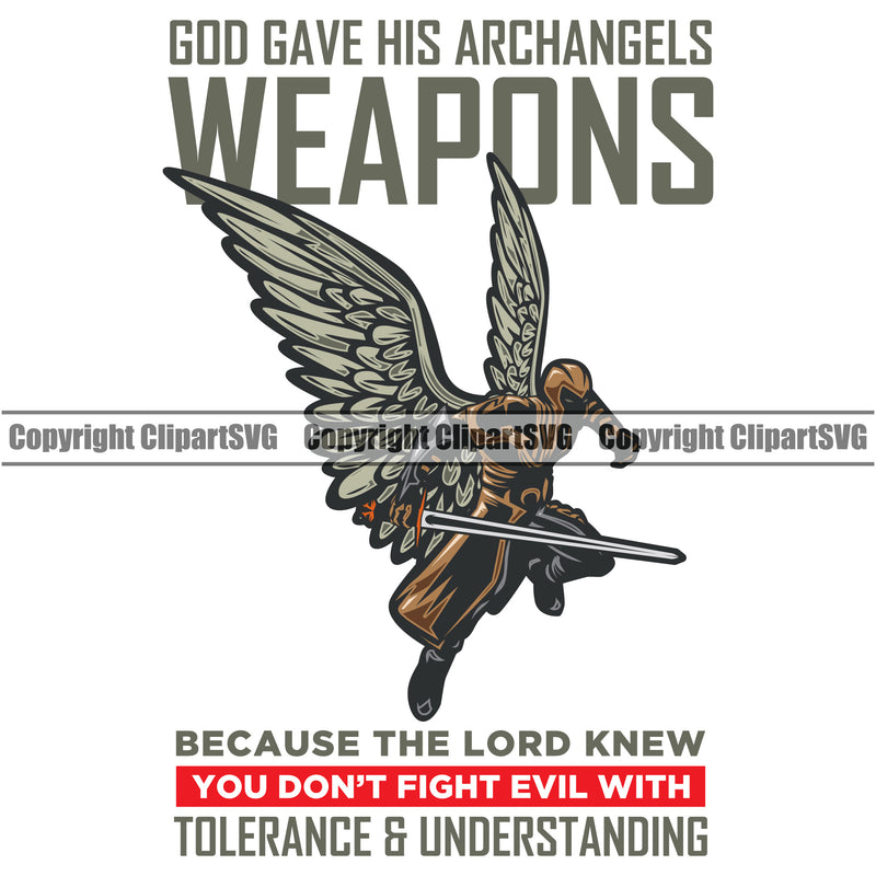 USA Flag Gun Weapon Rights United States America 2nd Amendment Solider Angel God Gave His Archangels Color Quote Text Eagle Wings Design Element White Background Weapons American Military Army Art Design Logo Clipart SVG