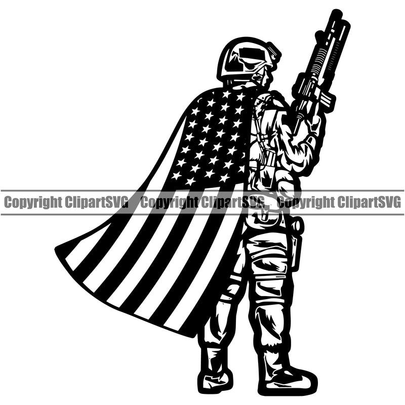 Super Hero Soldier Wearing USA Flag Cape Gun Weapon Rights United States America 2nd Amendment Solider American Military Army Hanging Flag On Body Design Element Art Design Logo Clipart SVG