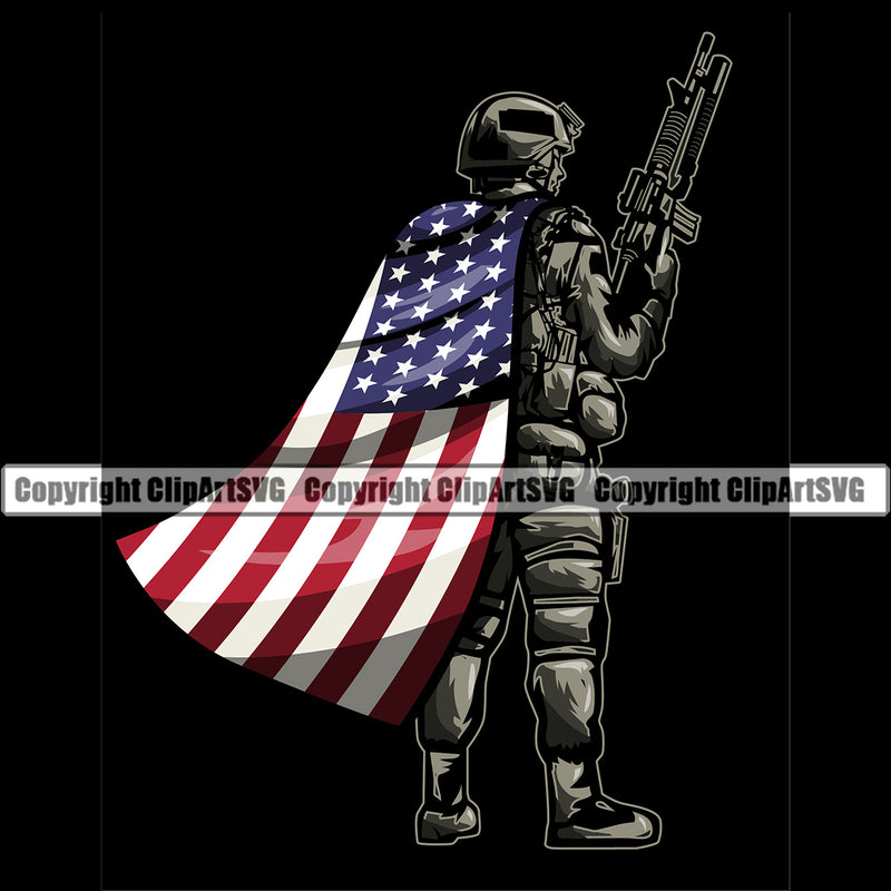 Super Hero Soldier Wearing USA Flag Cape Gun Weapon Rights United States America Color Flag Hanging On Body Black Background Design Element 2nd Amendment Solider American Military Army Art Design Logo Clipart SVG