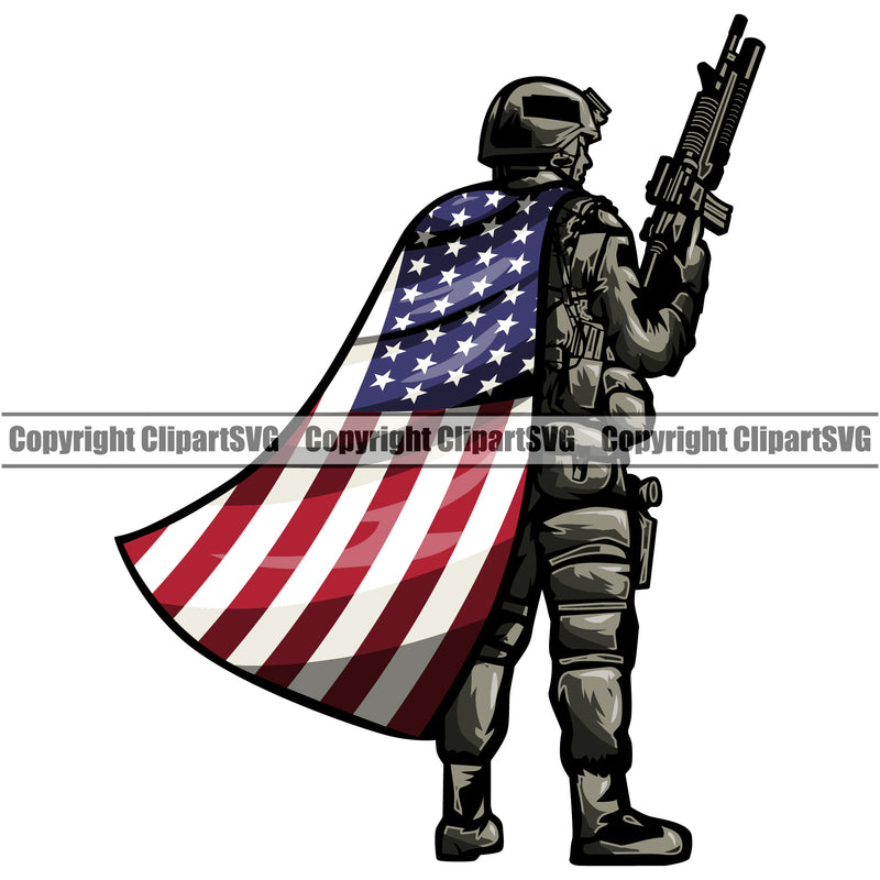 Super Hero Soldier Wearing USA Flag Cape Gun Weapon Rights United States America Color Flag White Background Design Element 2nd Amendment Solider American Military Army Art Design Logo Clipart SVG
