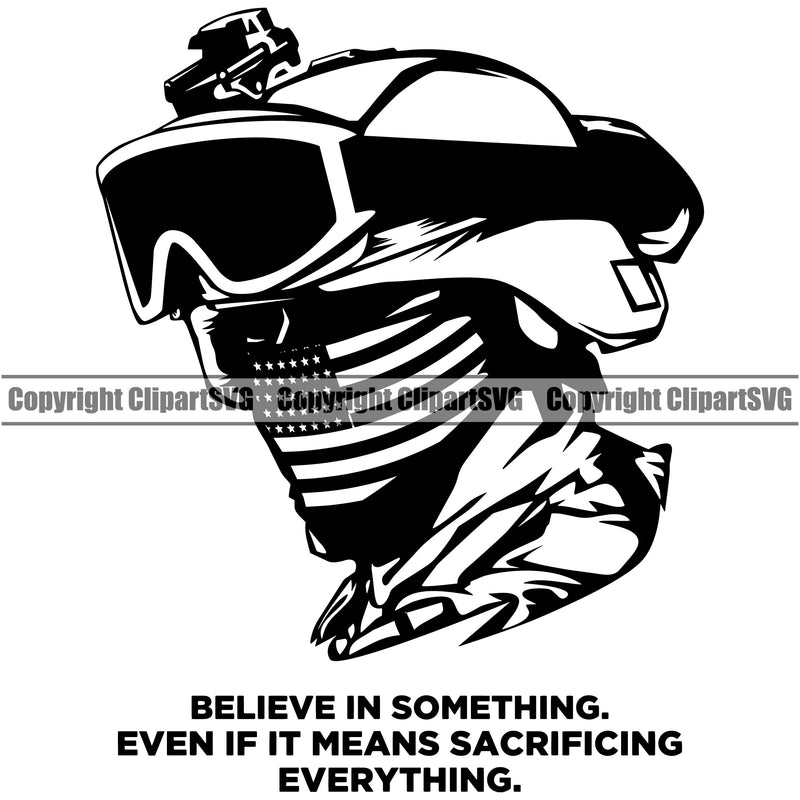 Soldier Wearing USA Flag Bandanna Scarf Helmet Goggles Weapon Rights United States America 2nd Amendment Solider Mask Silhouette Army Quote Text Black Color Design Element American Military Army Art Design Logo Clipart SVG