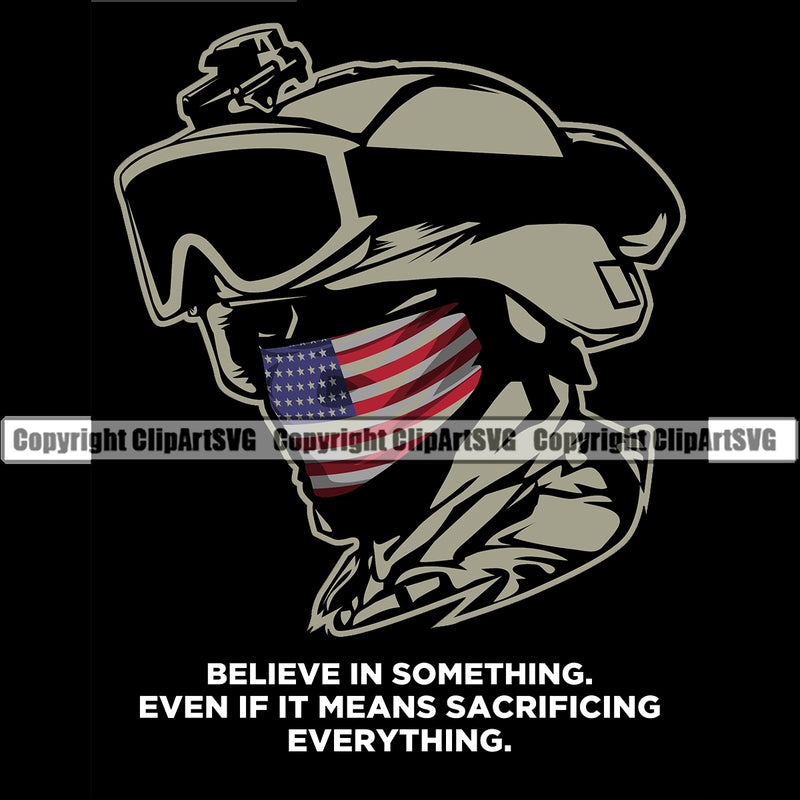 Soldier Wearing USA Flag Bandanna Scarf Helmet Goggles Weapon Rights United States America 2nd Amendment Silhouette Head Black Color Background Design Element Quote Text Solider American Military Army Art Design Logo Clipart SVG