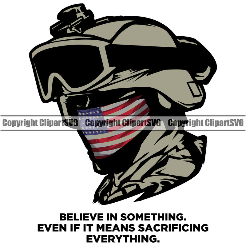 Soldier Wearing USA Flag Bandanna Scarf Helmet Goggles Weapon Rights United States America Silhouette Head Color White Background Design Element Quote Text 2nd Amendment Solider American Military Army Art Design Logo Clipart SVG