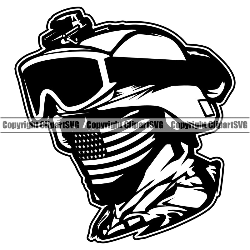 Soldier Wearing USA Flag Bandanna Scarf Helmet Goggles Weapon Rights United States America 2nd Amendment Solider Silhouette Head White Background Design Element American Military Army Art Design Logo Clipart SVG