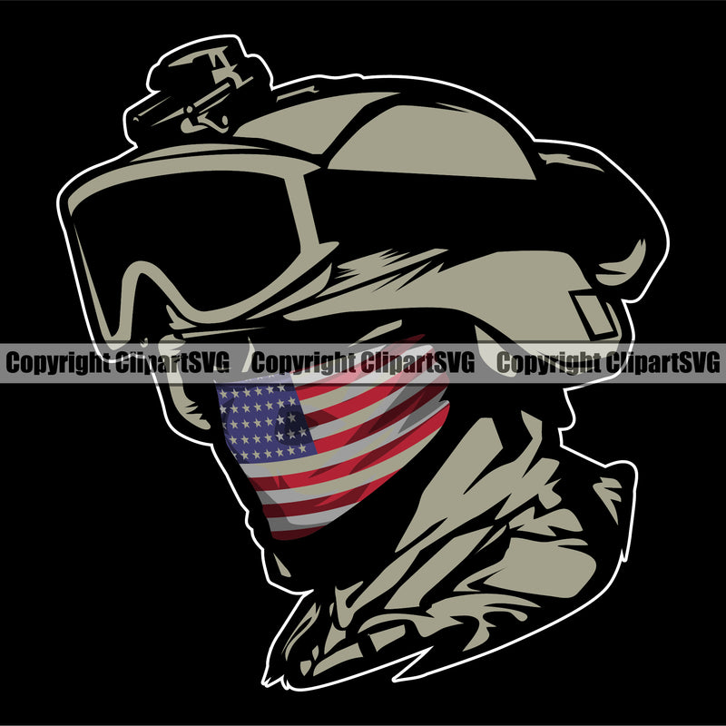 Soldier Wearing USA Flag Bandanna Scarf Helmet Goggles Gun Weapon Rights United States America 2nd Amendment Silhouette Color Head Black Background Design Element Solider American Military Army Art Design Logo Clipart SVG