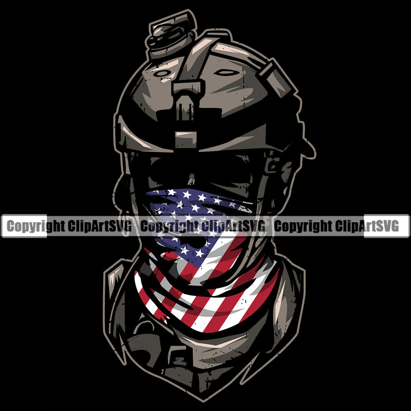 Soldier Wearing USA Flag Bandanna Scarf Gun Weapon Rights United States America 2nd Amendment Solider Silhouette Black Background Design Element Flag Color Mask American Military Army Art Design Logo Clipart SVG