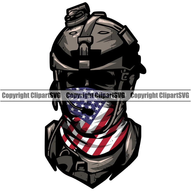 Soldier Wearing USA Flag Bandanna Scarf Gun Weapon Rights United States America 2nd Amendment Silhouette USA Flag Design Element White Background Solider American Military Army Art Design Logo Clipart SVG