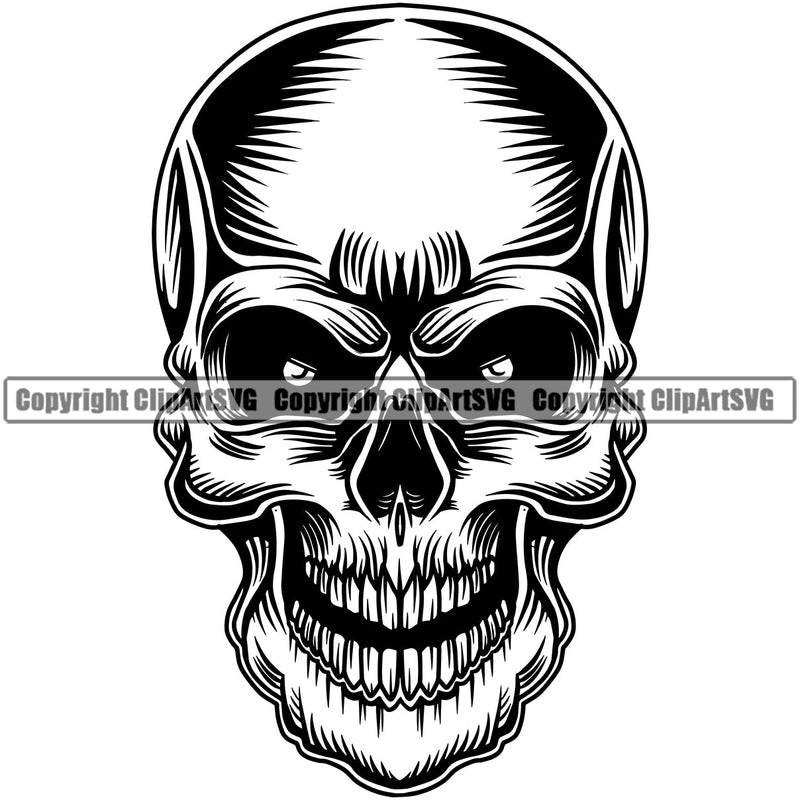 Scary Skull Skeleton Head Evil Horror Tattoo Eyes Mouth Open Yelling Screaming Black Logo Symbol Clipart SVG