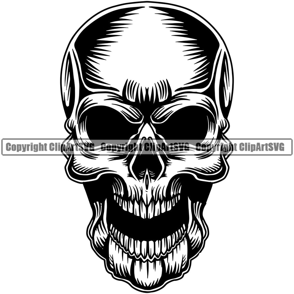 Scary Skull Skeleton Head Evil Horror Tattoo No Eyes Mouth Open Yelling Screaming Black Logo Symbol Clipart SVG