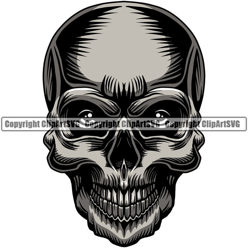 Scary Skull Skeleton Head Evil Horror Tattoo Mouth Closed Real Eyes Color Logo Symbol Clipart SVG