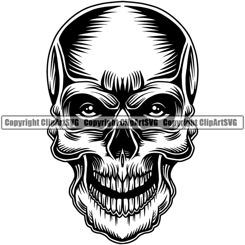 Scary Skull Skeleton Head Evil Horror Tattoo Mouth Closed Real Eyes Black Logo Symbol Clipart SVG