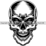 Scary Skull Skeleton Head Evil Horror Tattoo Mouth Closed Real Eyes Black Logo Symbol Clipart SVG