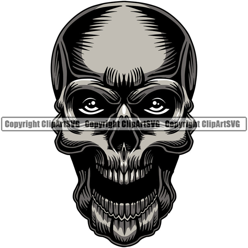 Scary Skull Skeleton Evil Horror Tattoo Head Real Eyes Mouth Closed Color Logo Symbol Clipart SVG