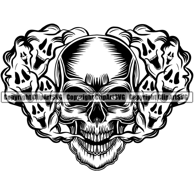Scary Skull Skeleton Head Evil Horror Smoke Coming Out Mouth Tattoo Smoking Have Black Logo Symbol Clipart SVG