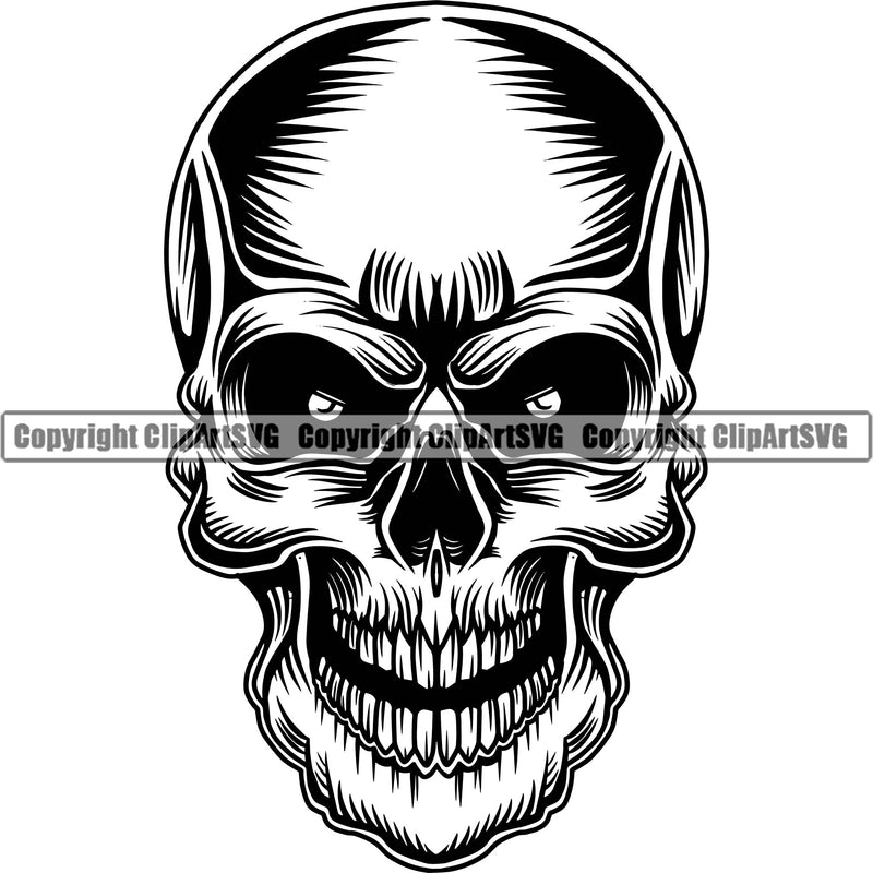 Scary Skull Skeleton Head Evil Horror Real Eyes Mouth Closed Black Tattoo Logo Symbol Clipart SVG