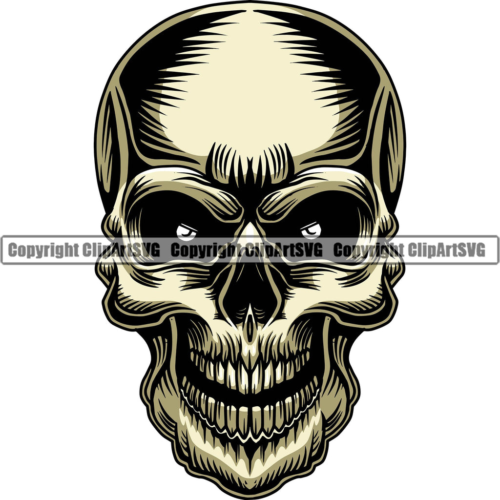 Scary Skull Skeleton Head Evil Horror Real Eyes Mouth Closed Color Tattoo Logo Symbol Clipart SVG
