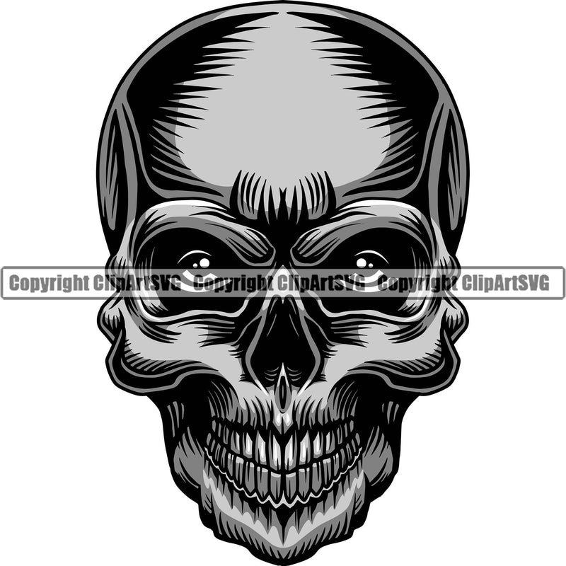 Scary Skull Skeleton Head Evil Horror Tattoo Mouth Closed Real Eyes Logo Symbol Color Clipart SVG