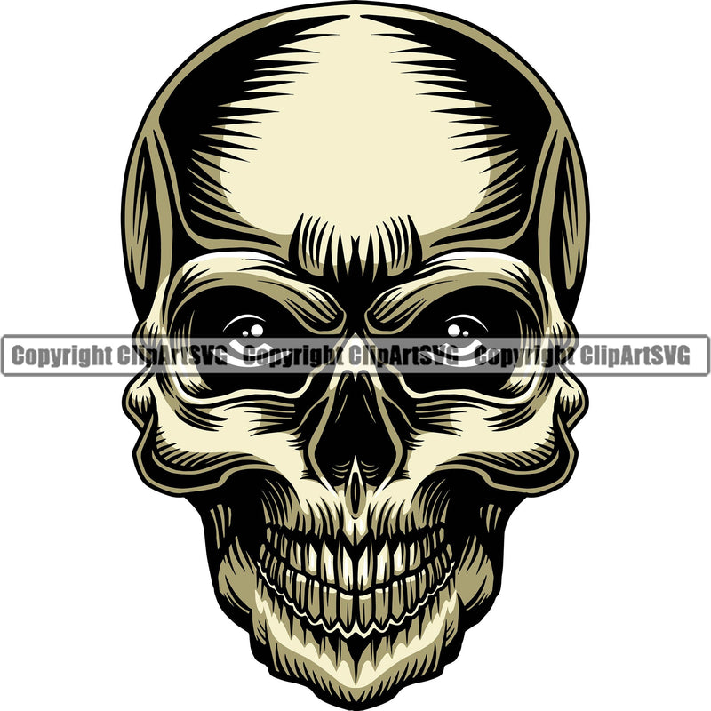 Scary Skull Skeleton Head Evil Horror Tattoo Real Eyes Mouth Closed Color Logo Symbol Clipart SVG