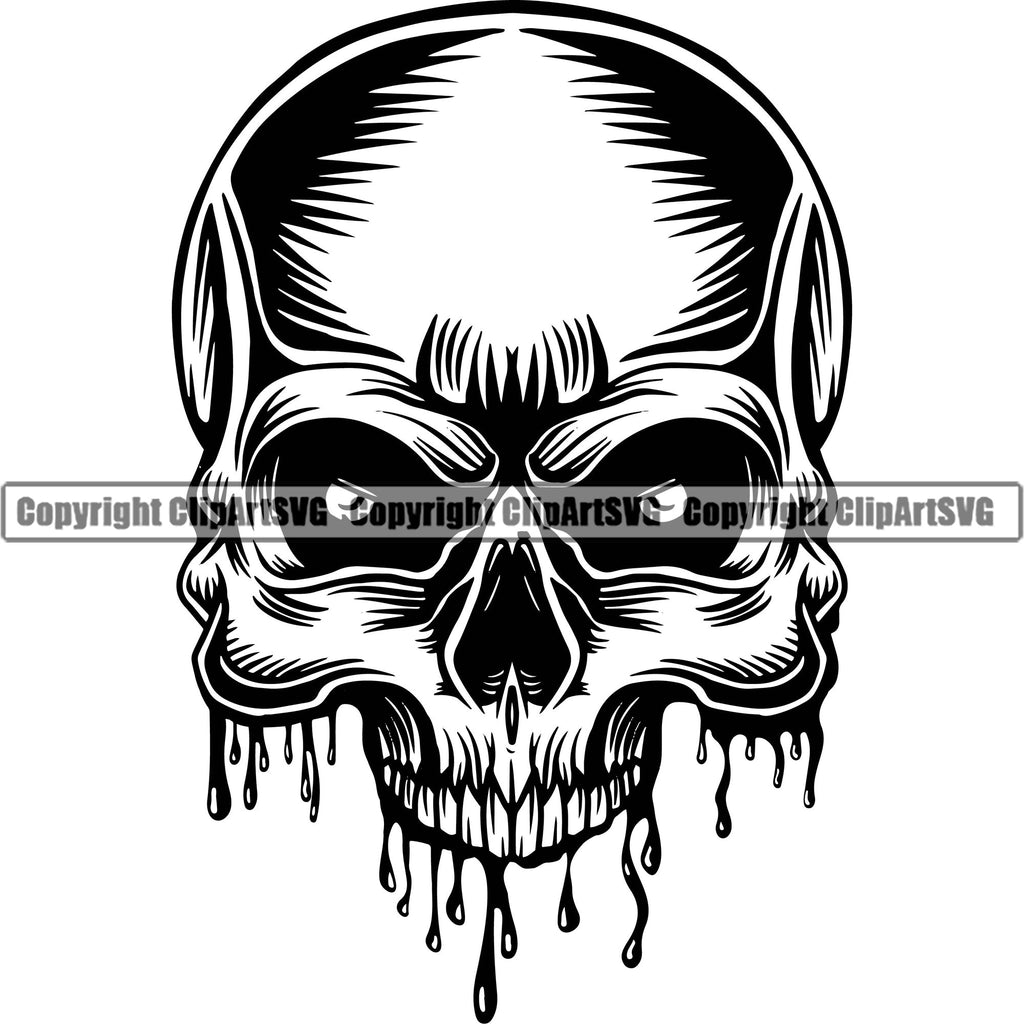 Scary Skull Skeleton Head Evil Horror Tattoo Bullet Eyes Mouth Closed Blood Dripping Black Logo Symbol Clipart SVG