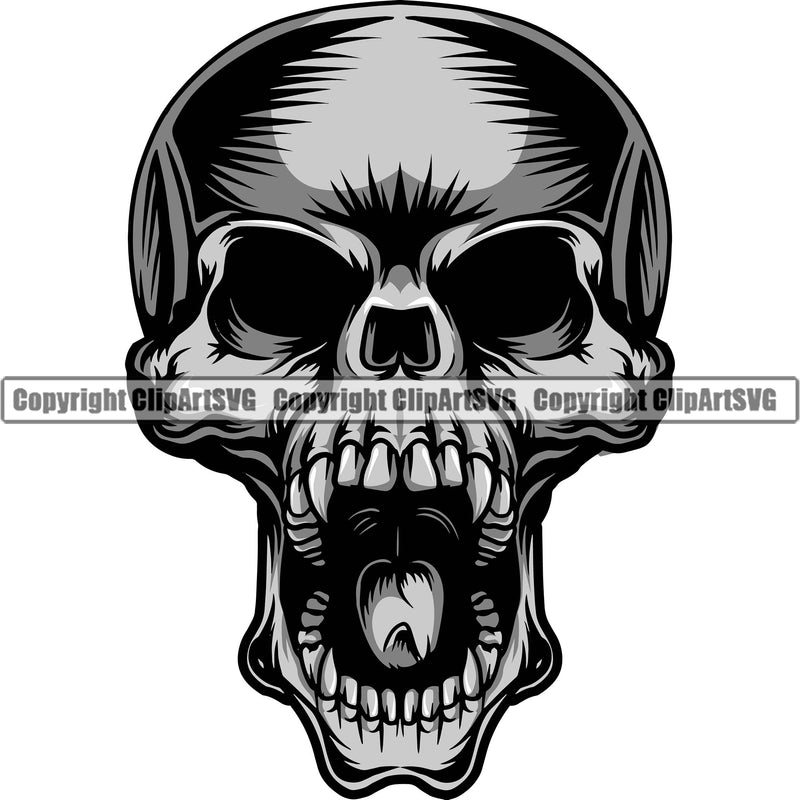 Scary Skull Skeleton Head Evil Horror No Eyes Mouth Open Yelling Screaming Color Tattoo Logo Symbol Clipart SVG