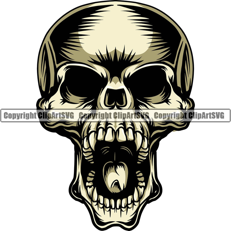 Scary Skull Skeleton Head Evil Horror Tattoo No Eyes Mouth Open Yelling Screaming Color Logo Symbol Clipart SVG