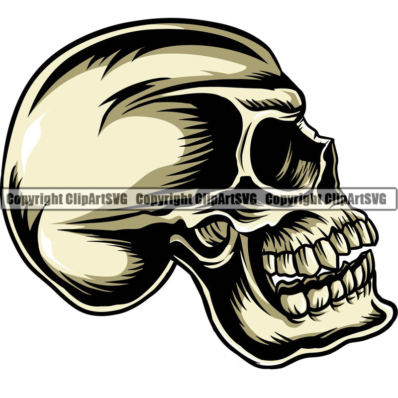 Scary Skull Skeleton Head Evil Horror Tattoo Side Sideways Profiles Mouth Closed Color Logo Symbol Clipart SVG
