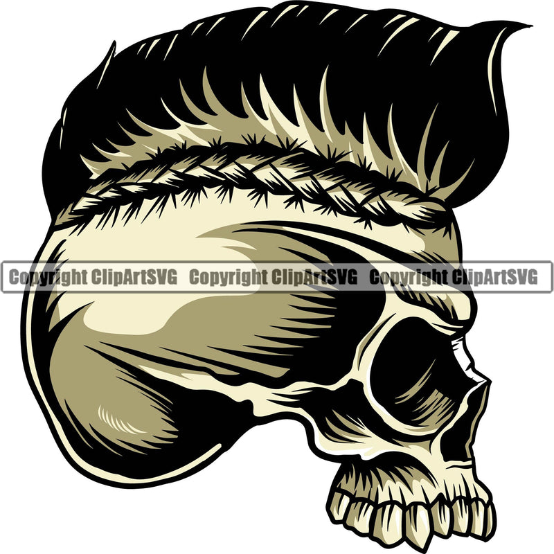 Scary Skull Skeleton Head Evil Horror Tattoo Side Sideways Profiles Half Head Crazy Mohawk Hair Color Logo Symbol Clipart SVG