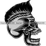 Scary Skull Skeleton Head Evil Horror Side Sideways Profiles Mouth Open Yelling Screaming Crazy Mohawk Hair Color Tattoo Logo Symbol Clipart SVG