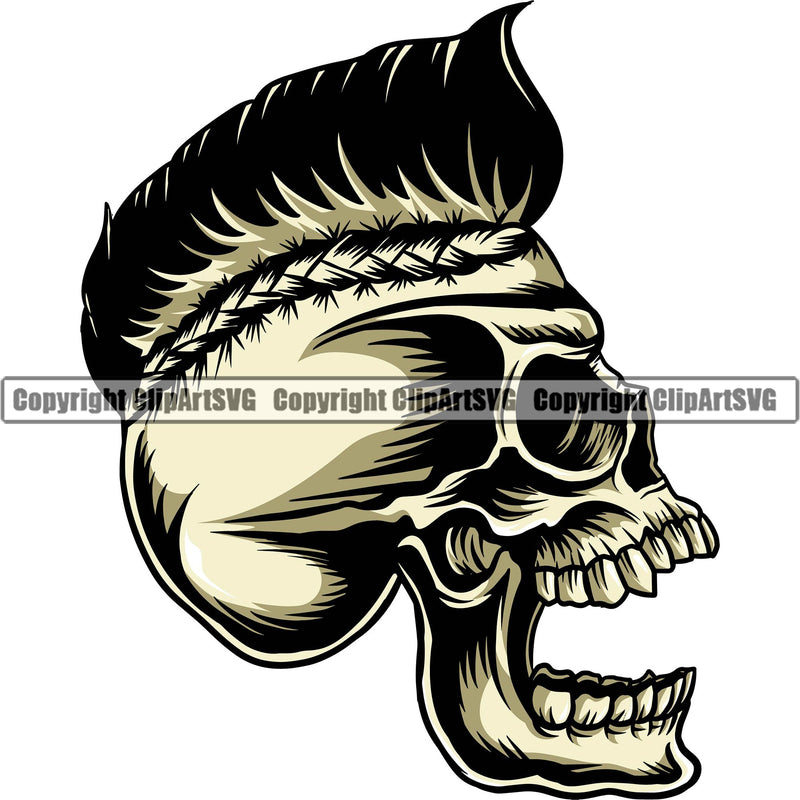 Scary Skull Skeleton Head Evil Horror Tattoo Side Sideways Profiles Mouth Open Yelling Screaming Crazy Mohawk Hair Color Logo Symbol Clipart SVG