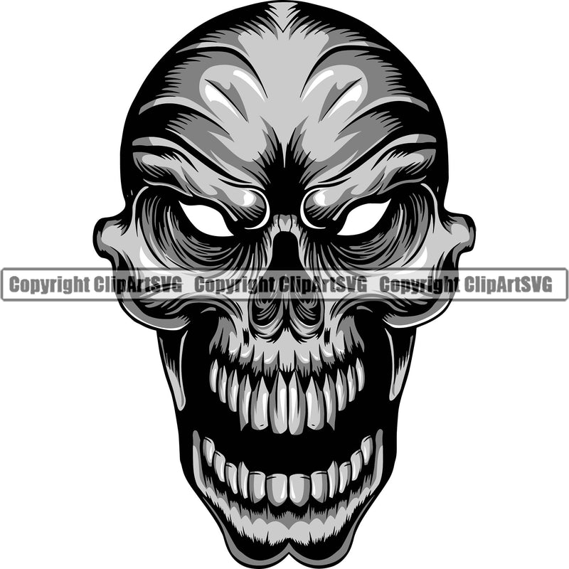 Scary Skull Skeleton Head Evil Horror Alian Eyes Mouth Open Yelling Screaming Color Tattoo Logo Symbol Clipart SVG