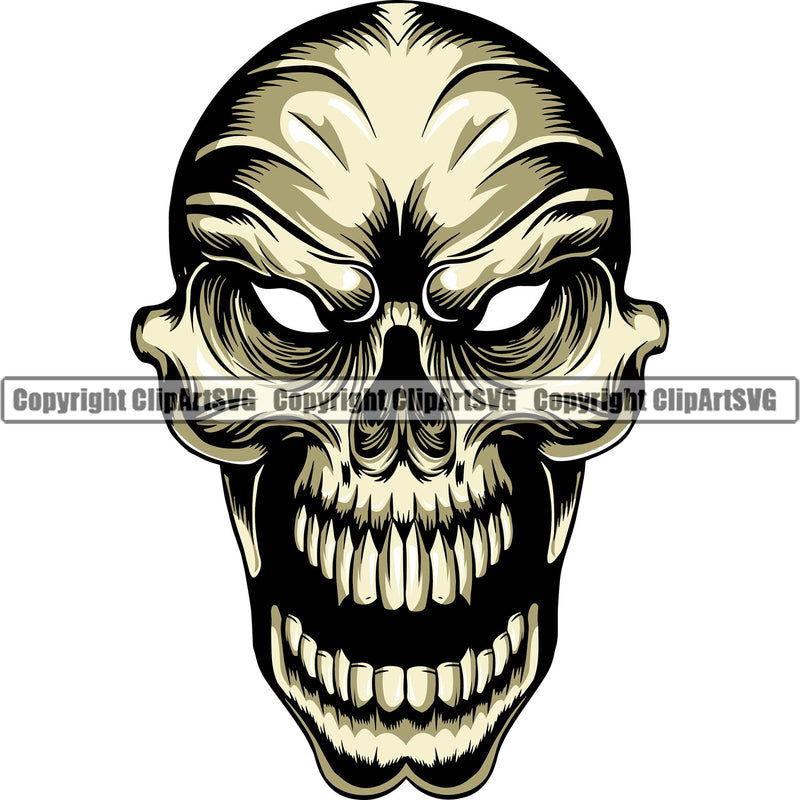 Scary Skull Skeleton Head Evil Horror Tattoo Alian Eyes Mouth Open Yelling Screaming Color Logo Symbol Clipart SVG