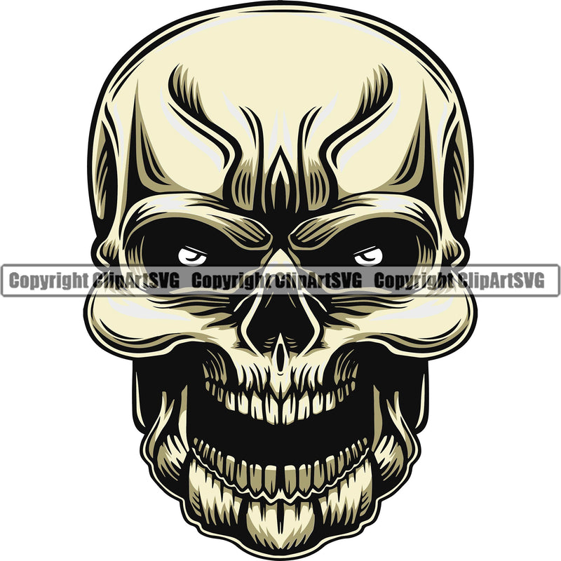 Scary Skull Skeleton Head Evil Horror Tattoo Bullet Eyes Mouth Open Yelling Screaming Color Logo Symbol Clipart SVG