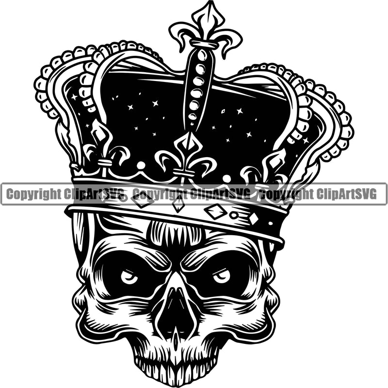 Skull Head Skeleton Face Scary Skull Dead Head Wearing King Crown Royalty Devil Vintage Element Grey Design Logo Clipart SVG
