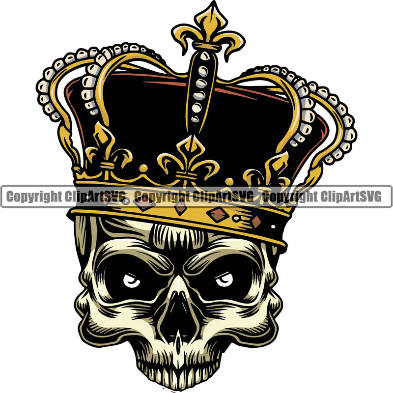 Scary Skull Skeleton Head Evil Horror King Crowns Half Head Logo Symbol Color Tattoo Clipart SVG