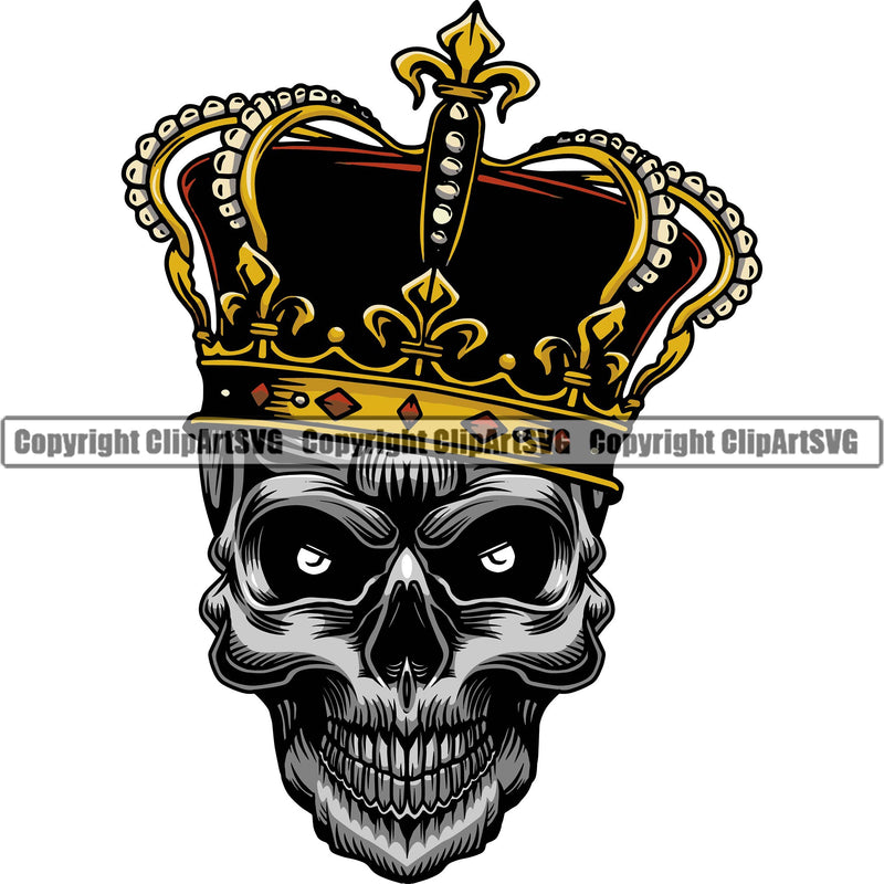 Scary Skull Skeleton Head Evil Horror King Crowns Mouth Closed Tattoo Color Logo Symbol Clipart SVG