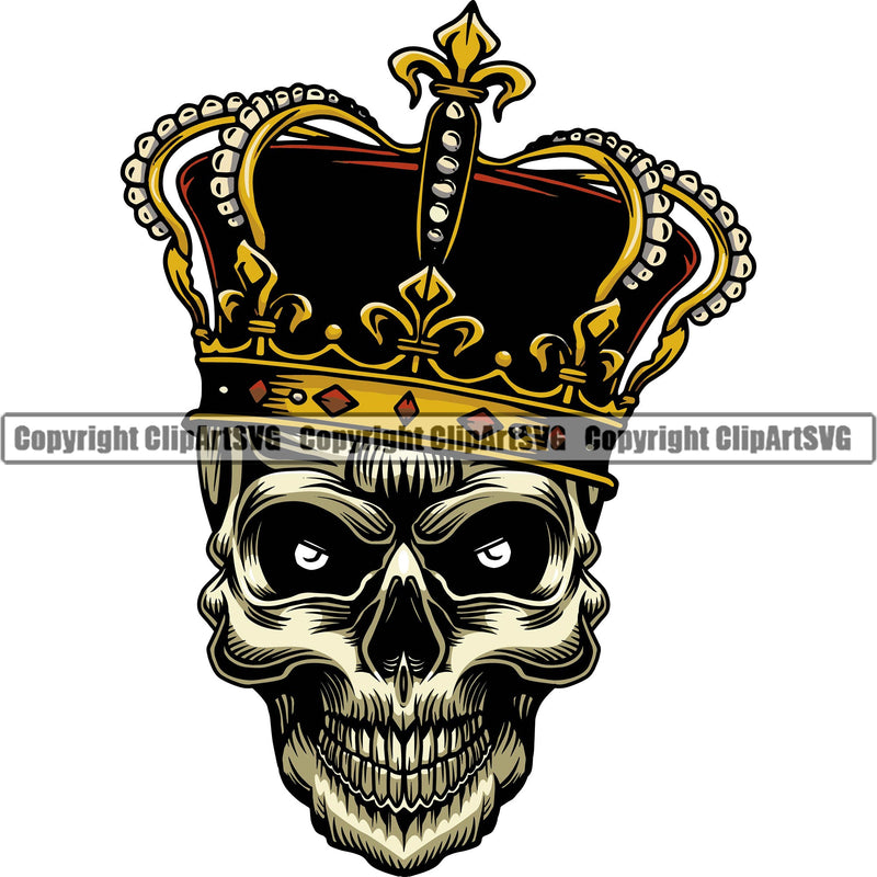 Scary Skull Skeleton Head Evil Horror Tattoo King Crowns Mouth Closed Color Logo Symbol Clipart SVG