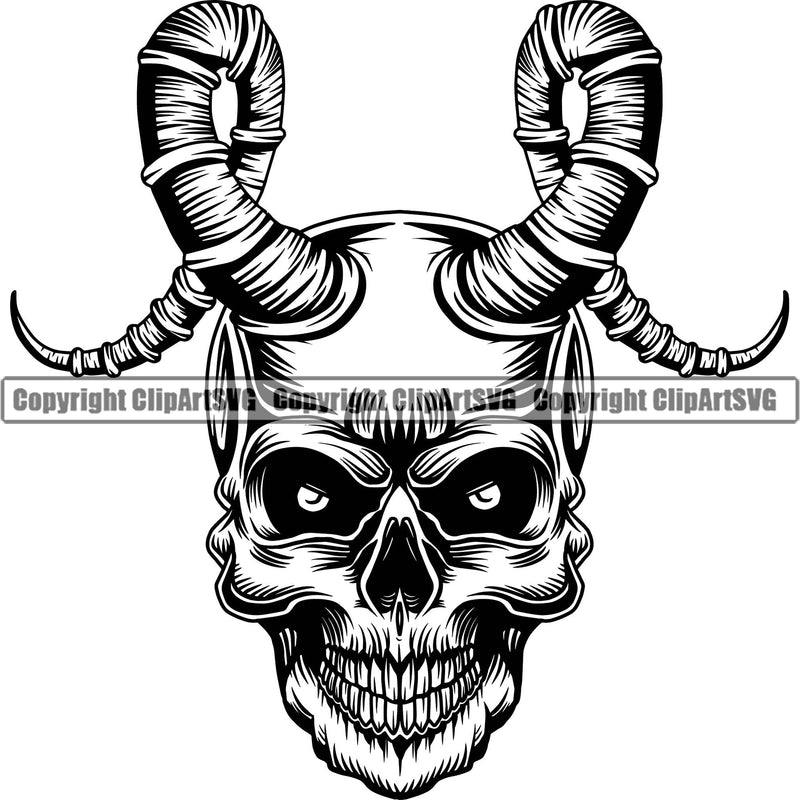 Scary Skull Skeleton Head Evil Devil Satan Horns Mouth Closed Black Horror Tattoo Logo Symbol Clipart SVG
